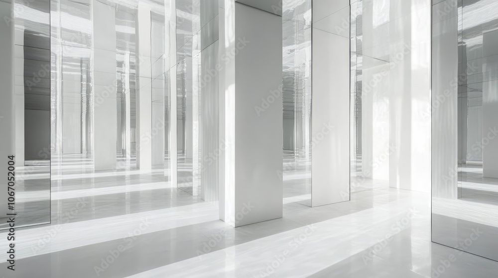 Poster grid of mirrors forming a maze-like structure, with white walls and intricate shadows playing across