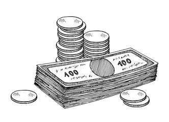 Vector illustration of a cash wad featuring stacked dollar bills. This hand drawn clipart showcases banknotes and coins in a vintage style. Clean outline and engraving money line art illustration