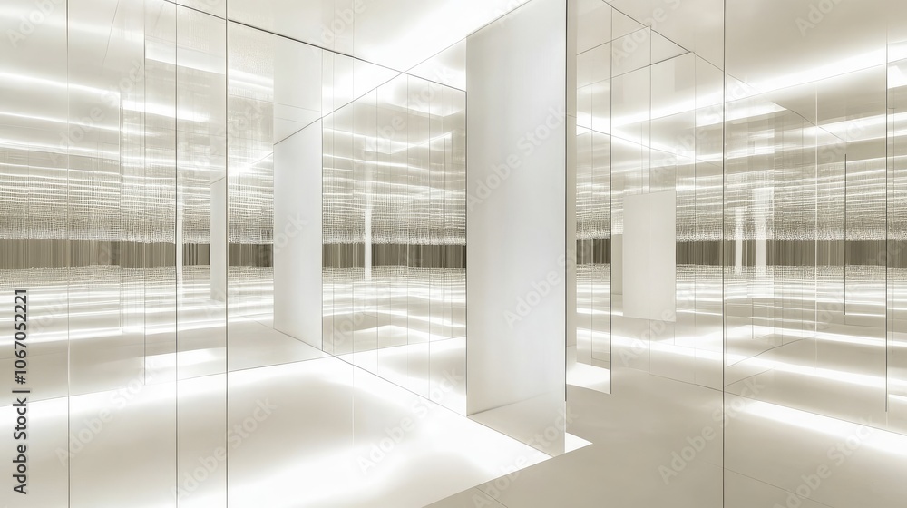 Poster maze-like grid structure of mirrors and white walls, illuminated by soft light, casting detailed ref