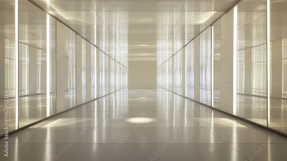 Poster maze-like grid structure of mirrors and white walls, illuminated by soft light, casting detailed ref