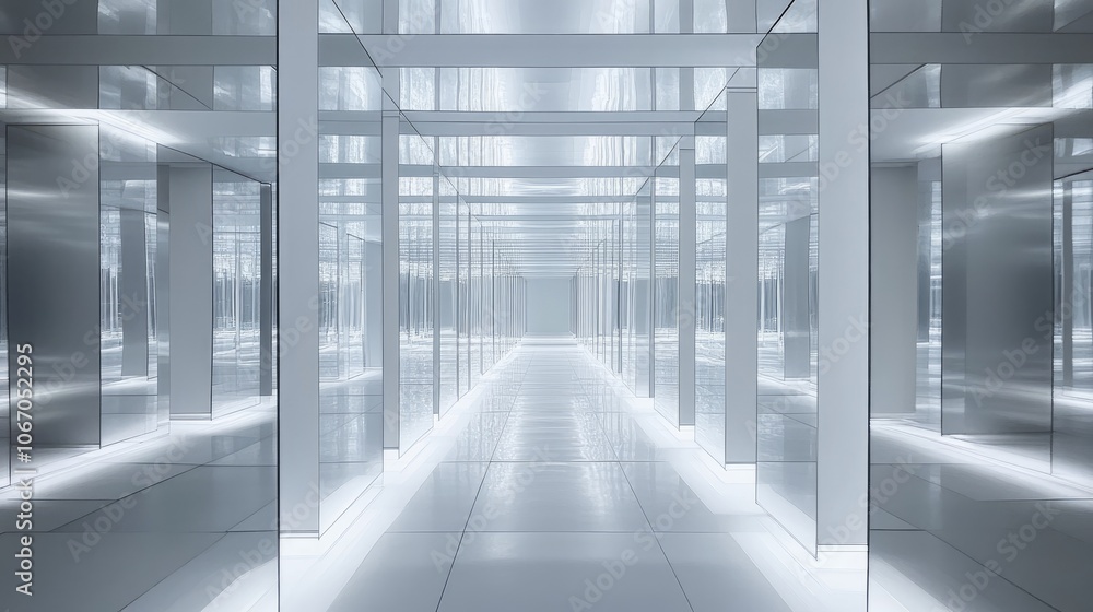 Poster maze-like grid structure of mirrors and white walls, illuminated by soft light, casting detailed ref