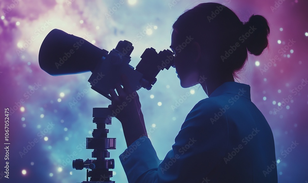 Poster generate an image of a scientist using advanced telescopes or microscopes to make precise observatio