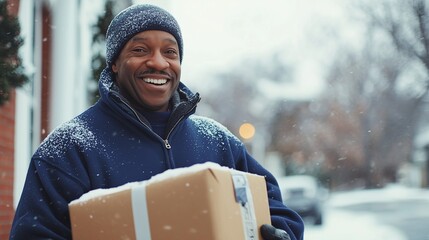 Smiling delivery person holding a gift box in snowy weather, symbolizing holiday logistics.