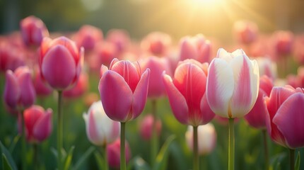 Spring Garden with Colorful Tulips in Gentle Breeze Pink Purple Red and White Flowers