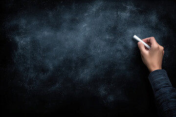Fototapeta premium student hand holding piece of chalk, ready to write on blackboard. dark surface is clean and empty, inviting creativity and learning