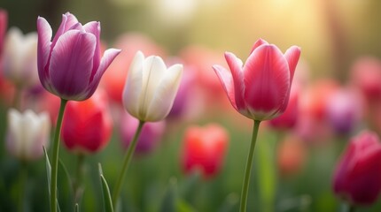 Obraz premium Spring Garden with Colorful Tulips in Gentle Breeze Pink Purple Red and White Flowers