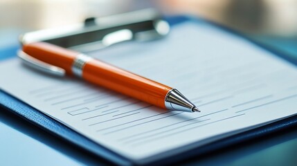 Fototapeta premium A close-up of an orange pen lying on a clipboard with a blank sheet of paper.