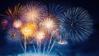 Obraz premium Colorful firework illumination on dark blue sky background for Happy New Year 2025
