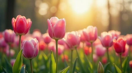 Fototapeta premium Spring Garden with Colorful Tulips in Gentle Breeze Pink Purple Red and White Flowers