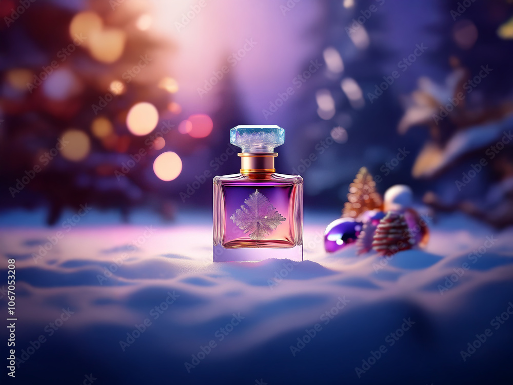 Poster a bottle of perfume sits on a snowy surface in front of a christmas tree.