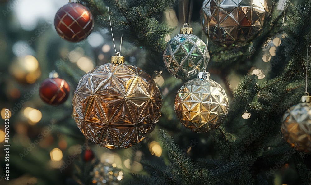 Poster geometric baubles arranged in a precise, circular pattern on a tree, with each ornament contributing