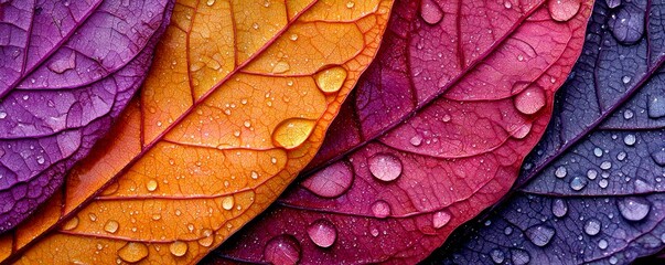 Fototapeta premium A vibrant close-up of colorful leaves adorned with water droplets, showcasing rich hues of purple, orange, and burgundy.
