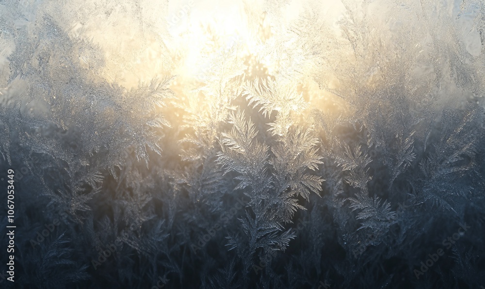 Poster Frost-covered window with a foggy, diffused light shining through, creating a textured, ethereal effect