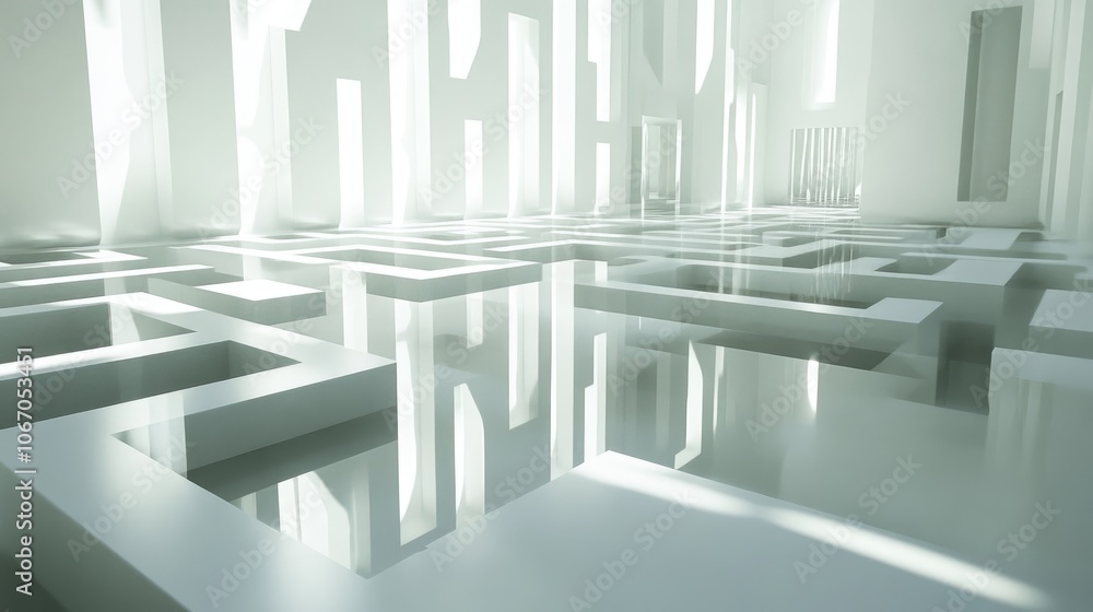 Poster white labyrinth with mirror panels reflecting sharp grid lines, casting complex light and shadow pat