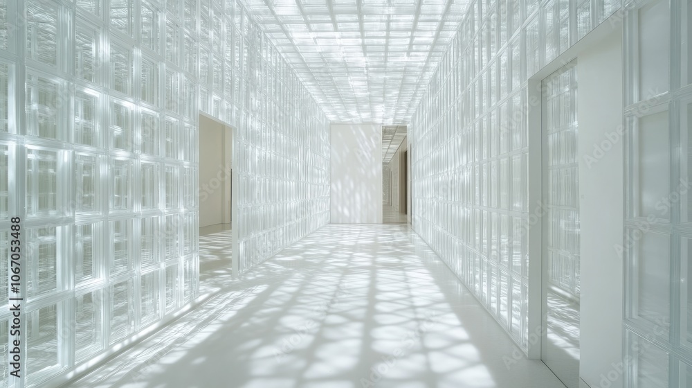 Poster white labyrinth with mirror panels reflecting sharp grid lines, casting complex light and shadow pat