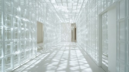White labyrinth with mirror panels reflecting sharp grid lines, casting complex light and shadow patterns for a minimalist yet intricate design.