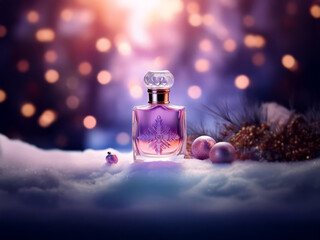 A bottle of perfume sits in a winter scene with snow, ornaments, and a blurred background of lights.