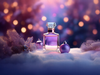 A bottle of purple perfume sits on a bed of snow, surrounded by Christmas ornaments and evergreen branches.  The background is blurred with twinkling lights.