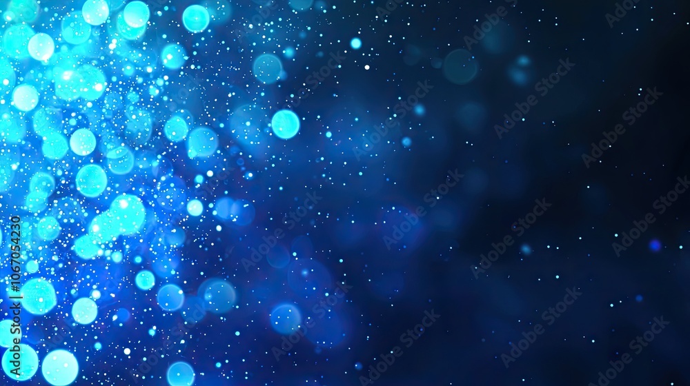 Poster abstract blue bokeh background with sparkling lights in dark space.