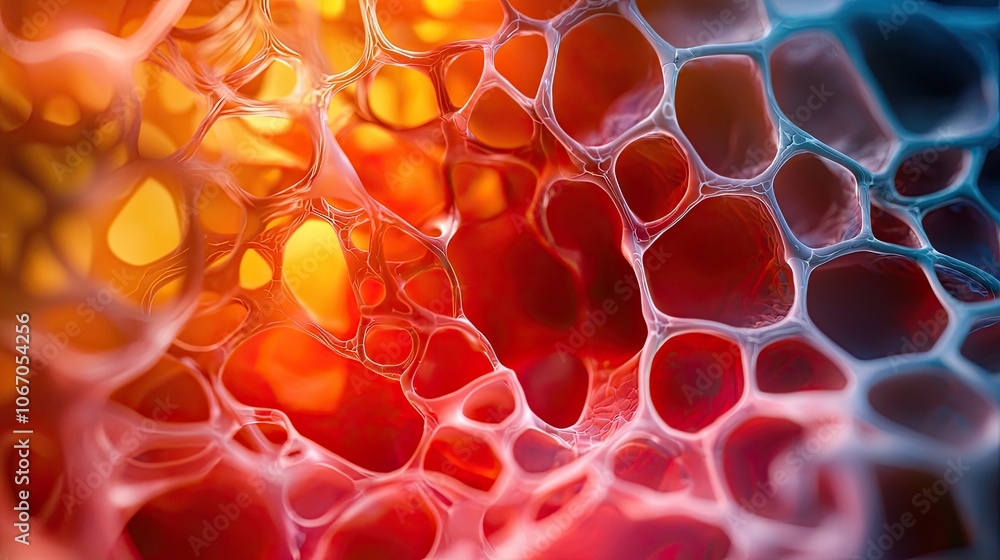Poster abstract colorful cell structure with luminous details on a vivid background.