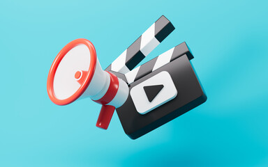 Cartoon clapper board and microphone, film shooting concept, 3d rendering.