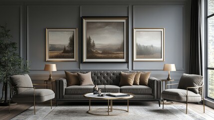 A Luxury Living Room with a Grey Sofa, Two Armchairs, and Golden Accents