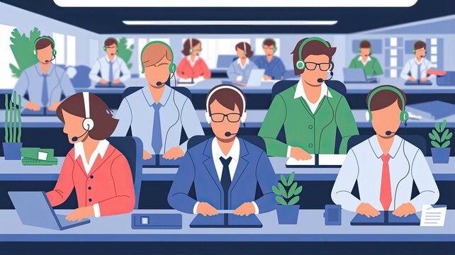 Busy call center with employees wearing headsets and working at desks.