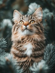 Curious cat nestled among Christmas tree branches and ornaments.