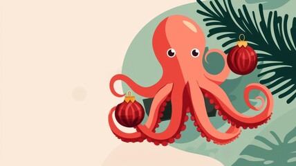 Octopus holding Christmas ornaments, deep-sea celebration, flat design illustration
