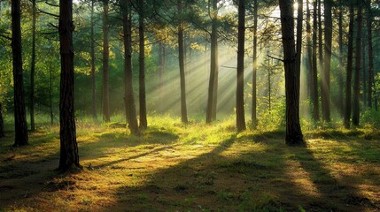 Obraz premium Sunlight filters through tall trees in a serene forest landscape creating a magical atmosphere
