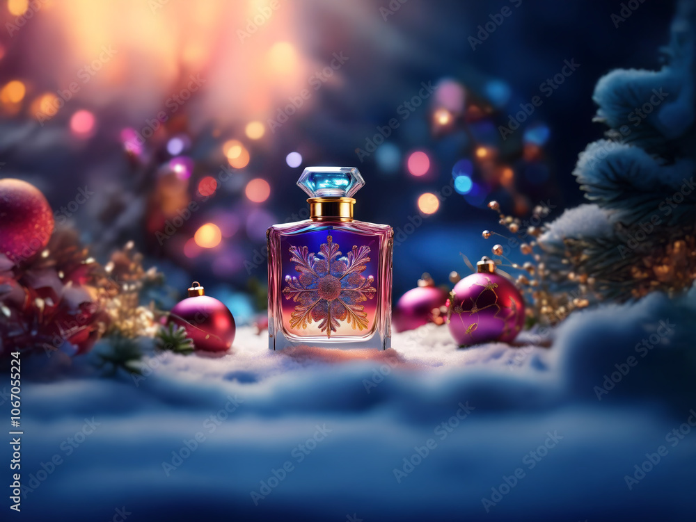 Poster a bottle of perfume with a snowflake design sits in the snow surrounded by christmas ornaments and l