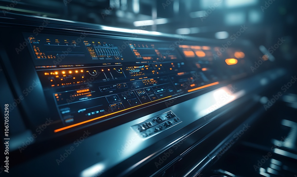 Poster A futuristic control panel featuring glowing buttons and intricate designs, set against a dimly lit backdrop.