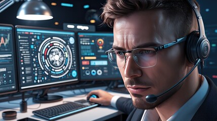 Focused man with headset working on multiple computer screens.