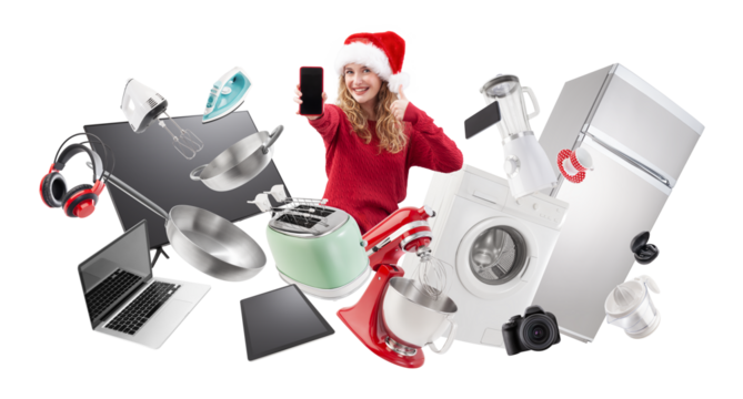 Electronics and appliance store Christmas shopping, smiling woman showing smartphone and thumbs up among household appliances, advertising banner for top offers and sales of Christmas shopping online
