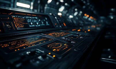 A futuristic control panel illuminated with orange lights, featuring various screens and buttons in a dark, high-tech environment.
