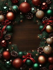 Christmas wreath adorned with ornaments, festive decorations, greenery.