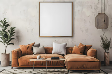 A stylish living room featuring a brown leather sectional sofa with decorative pillows, minimalist decor, and a blank canvas for artistic expression.