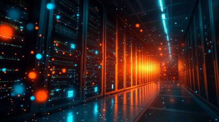 Contemporary Data Center With Glowing Lights. Big Data, Technology And Network Concept.