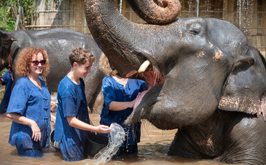 A boy and some female tourists interact with a playful elephant while bathing at the Chiang Mai sanctuary in Thailand