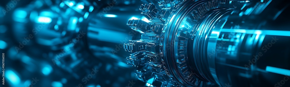 Poster A futuristic, close-up view of a mechanical component surrounded by blue light and bubbles, evoking a sense of technology and innovation.