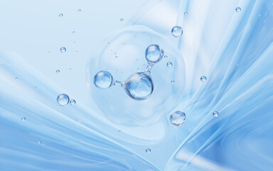 Blue glass spheres, abstract molecules with glass background, 3d rendering.