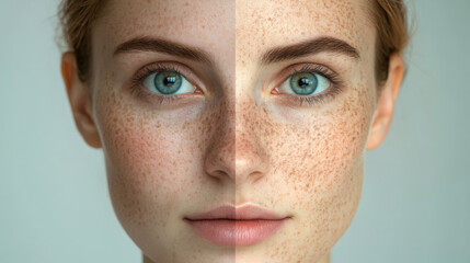 Fototapeta premium A striking comparison of skin texture highlighting natural beauty and makeup effects during a studio photo shoot