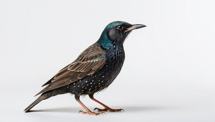 European Starling (Sturnus vulgaris) on clean grey background. Suitable for marketing or business purposes. Panoramic banner with place for text