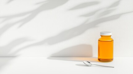 Glass medicine bottle containing liquid cough syrup with deep amber color next to a teaspoon on a white cloth background highlighted label with soft reflections on the glass, Photorealistic