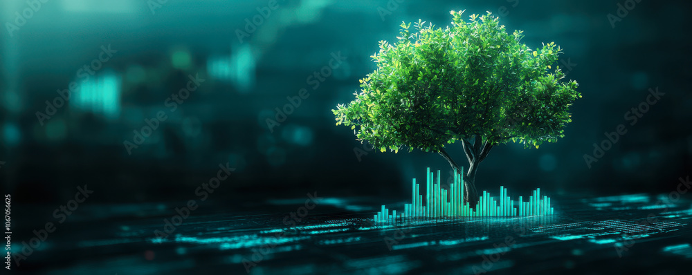 Aufkleber a digital representation of a vibrant green tree surrounded by abstract data patterns, symbolizing g