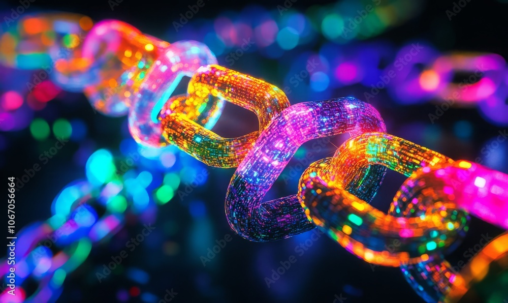 Poster futuristic digital chain links illuminated with vibrant colors, representing blockchain technology a