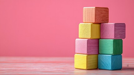 Colorful geometric wooden blocks stacked in ascending order on a pastel pink backdrop, showcasing a minimalist and educational aesthetic with soft studio lighting and modern design.