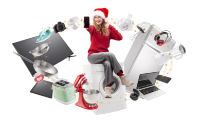 Electronics and appliance store Christmas shopping, smiling woman showing cellphone and thumb up sitting on washing machine with household appliances, top offers and sales of Christmas shopping online