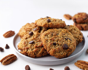 A pile of vegan oatmeal cookies with chocolate chips and walnuts, featuring a clean white backdrop, ai.