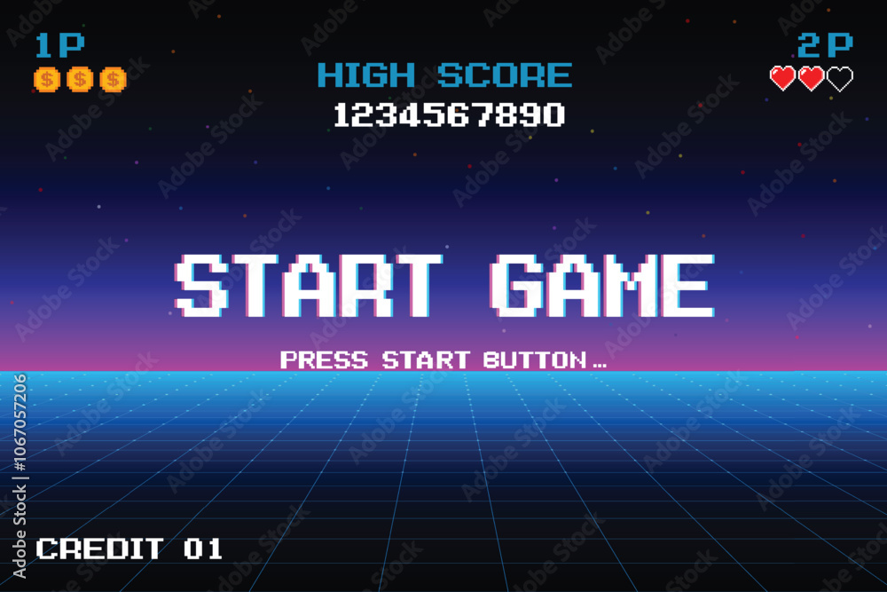 Poster start game. pixel art .8 bit game. retro game. for game assets in vector illustrations. arcade gamin
